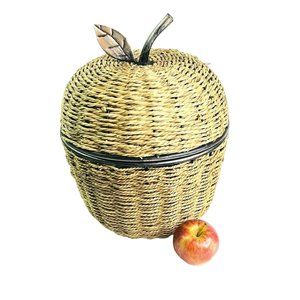 Woven Apple Shaped Basket with Lid Metal Stem & Leaf Handle 12.5" x 10"